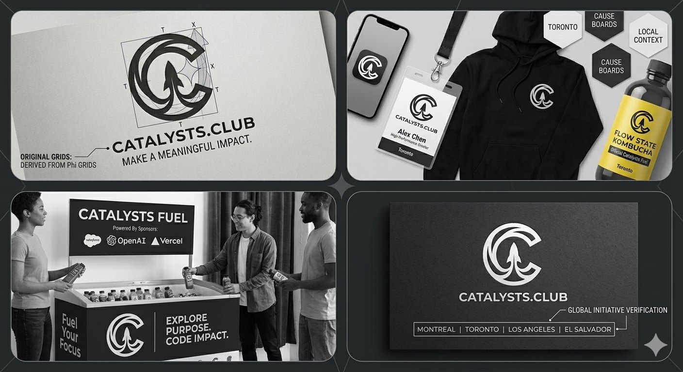 Catalysts.Club brand experience - logo design, branded merchandise including hoodie and event badges, sponsor booth with Salesforce, OpenAI, and Vercel, and global initiative verification across all four cities